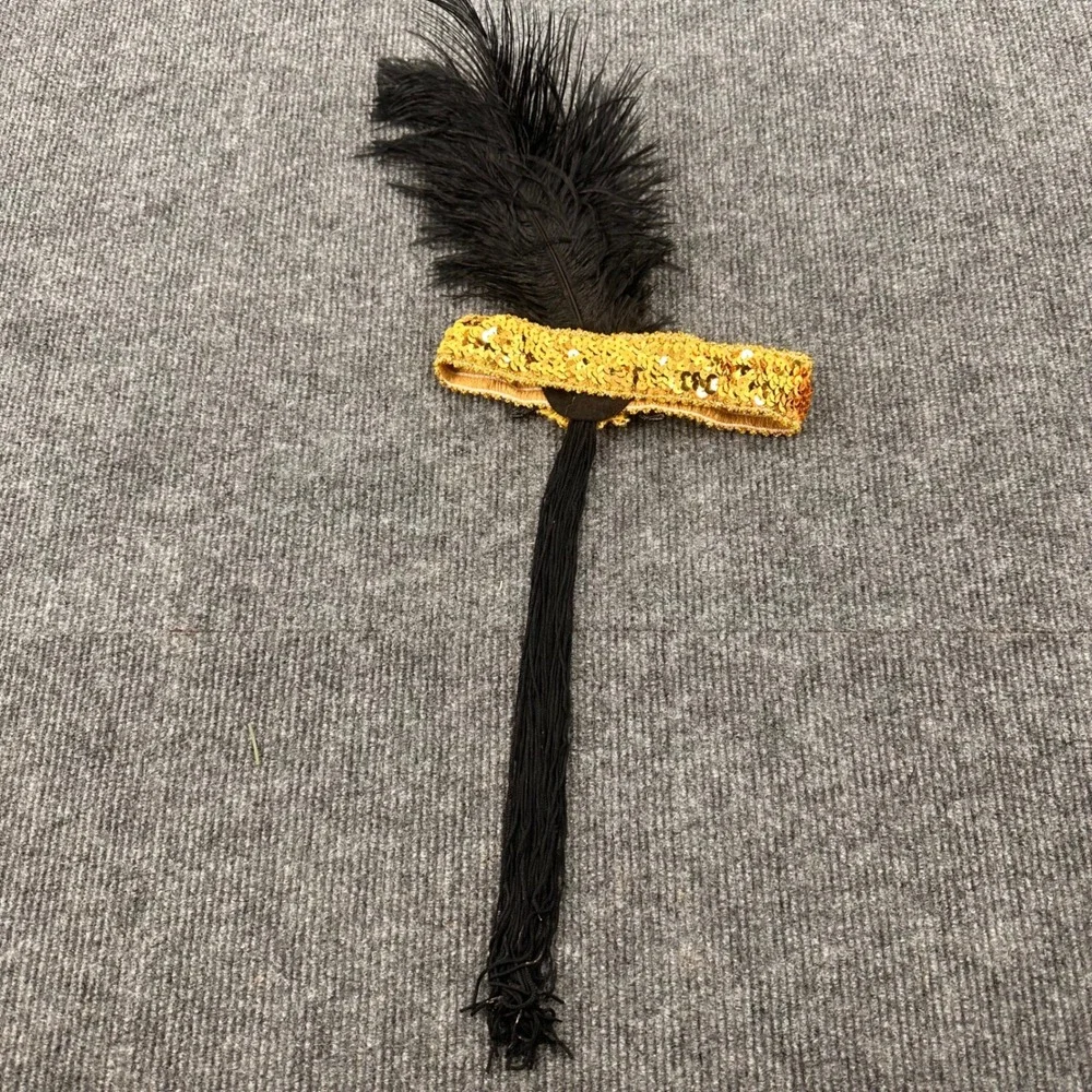 Flapper Headband Halloween Women One Size Sequin Feather Tassel Gold Black 1920s